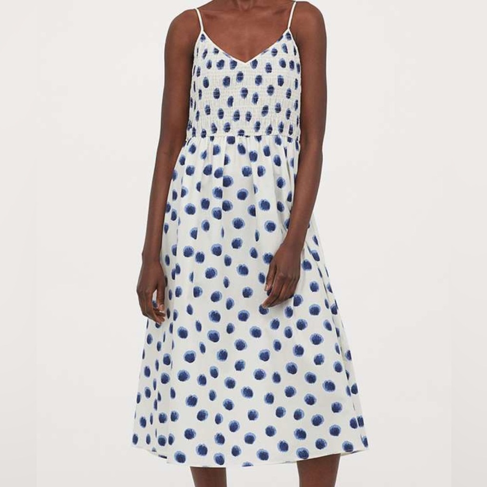 H&M smocked blue ikat dotted dress.